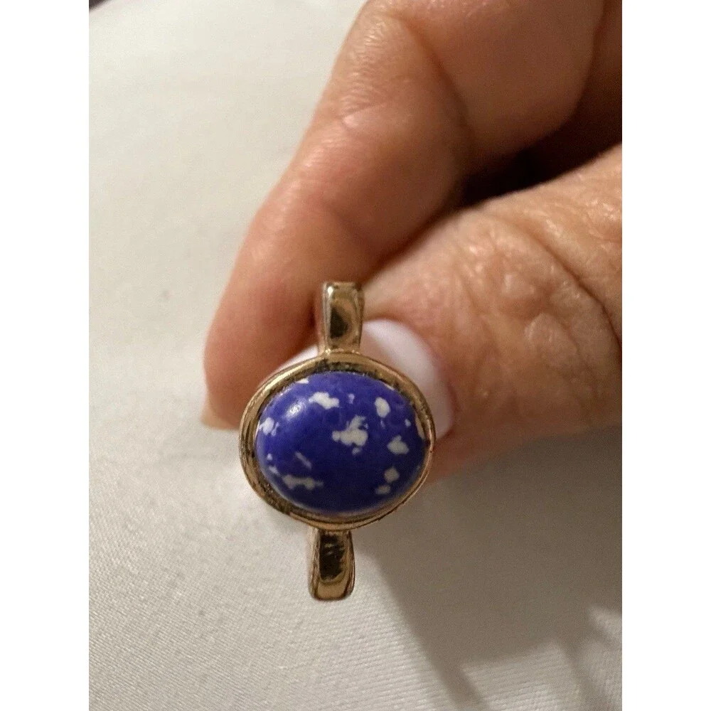 Ring Vintage Gold Tone Blue Speckled Cabochon Statement Ring Boho Retro